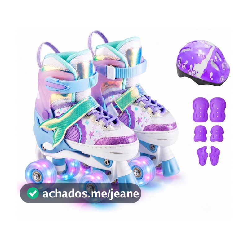Patins Infantil Quad 4 Rodas Sereia Tamanho Ajustável Com Kit Proteção Completo Menina