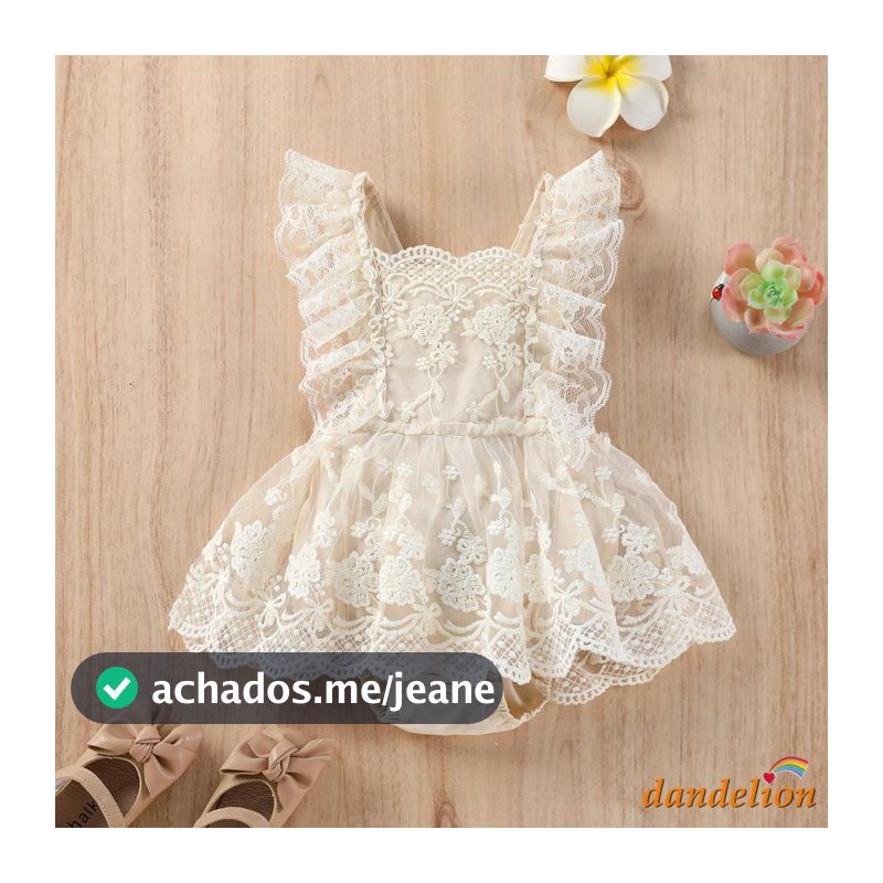 Macacão de Verão para Bebê Menina 0-24 meses, com Saia de Renda Floral Lisa Bordada em Camadas e Alças Ajustáveis
