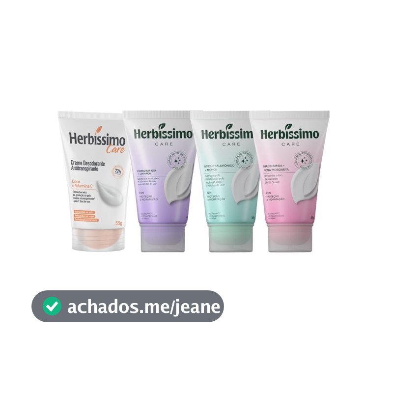 Kit Desodorante Creme Antitranspirante Herbíssimo Care Bisnaga | Rosa Mosqueta + Monoí + Coco + Linhaça 55g (4 unidades)