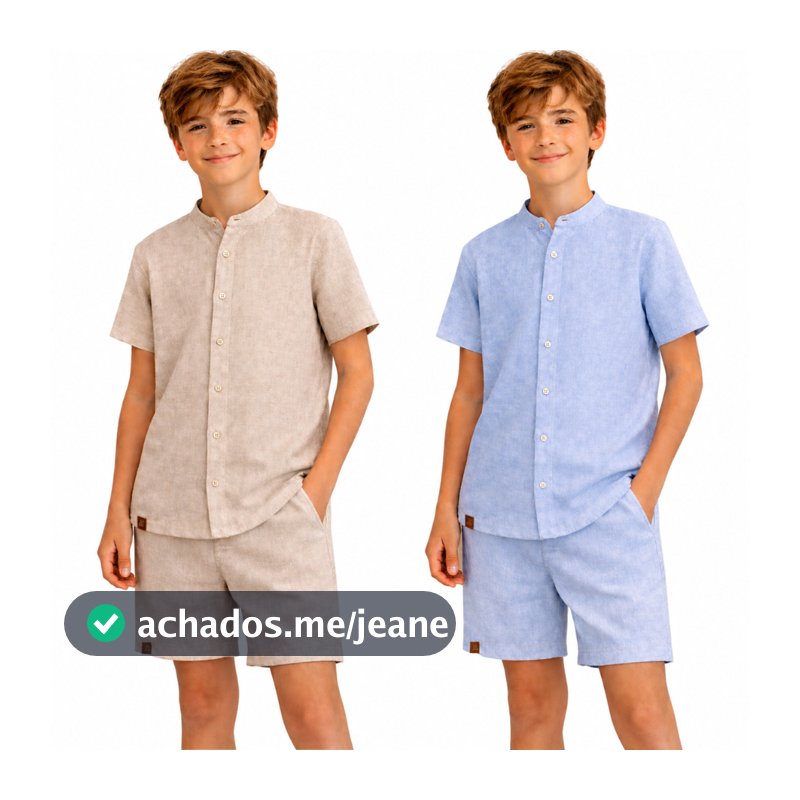 Conjunto Infantil Linho Camisa e Short Menino Gola Padre e Polo - 2 Peças 2 a 16 Anos
