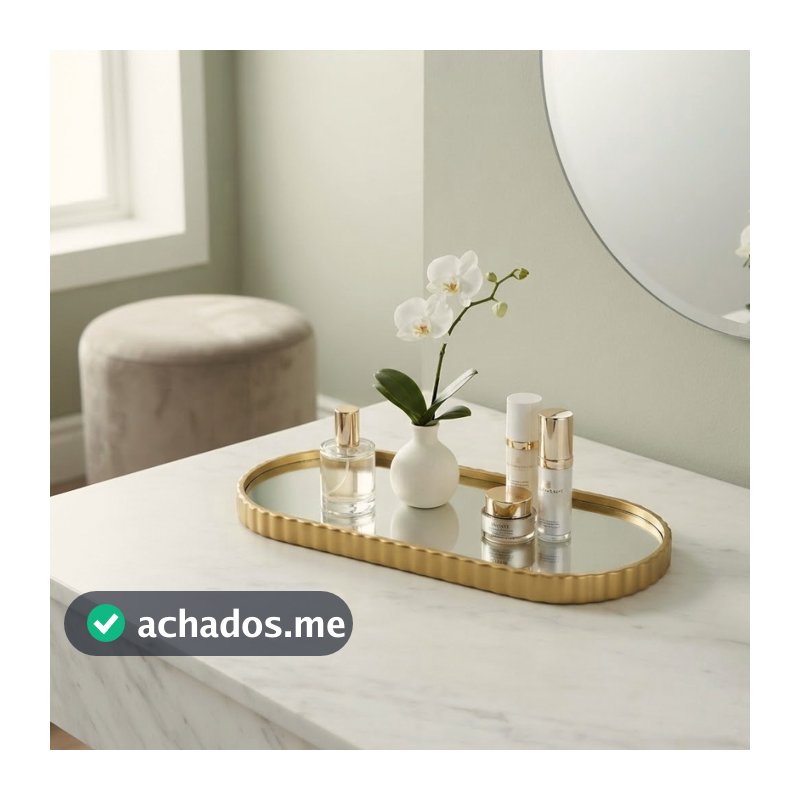 Bandeja Espelhada Banheiro Lavabo Bandeja Decorativa Multiuso Preta/Dourada