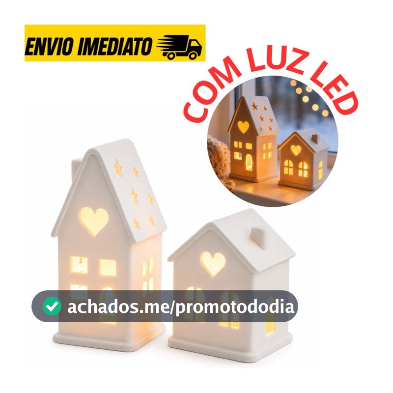 Kit 2 Casinhas Vila Natalina Decorativa com Luz LED Janela Coração Enfeite Natal