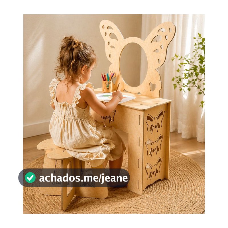 Penteadeira Infantil Borboleta Com Banquinho Em MDF Cru Resistente Decoração Quarto Menina