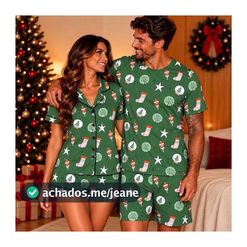 Kit Casal Pijama Americano Natalino Feminino Masculino Suede Estampado Natal