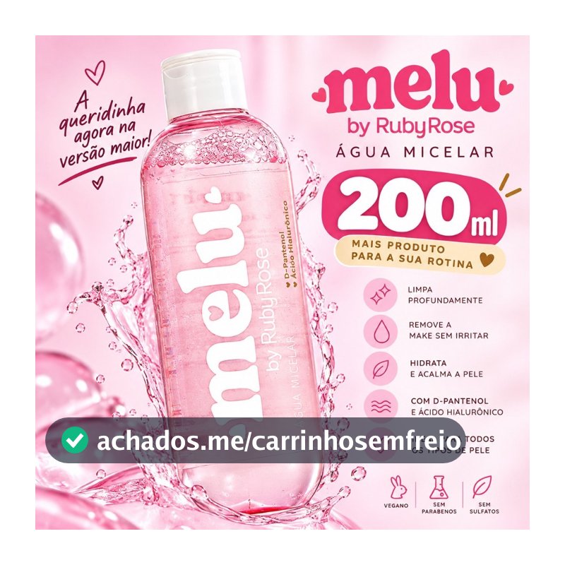 Água Micelar e Demaquilante Melu Ruby Rose Limpa Hidrata e Não Resseca