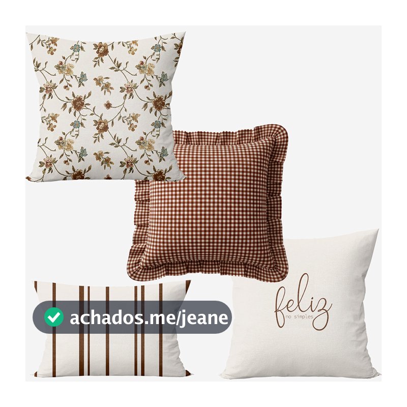 Kit 4 Capas de Almofadas Farmhouse Floral & Xadrez Marrom Babado + Baguete Listrada