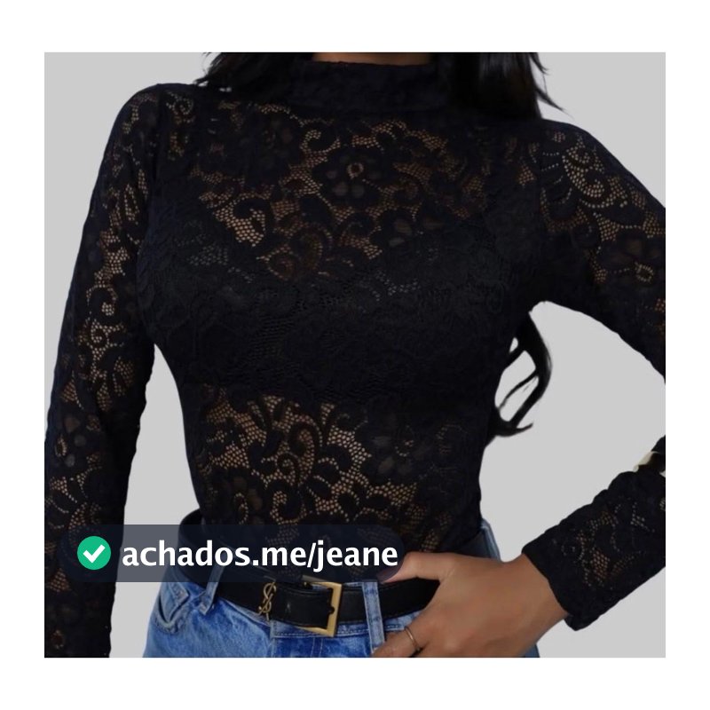 Body de Renda Tule Manga Longa Femenino com flor delicada transparente tendência inverno