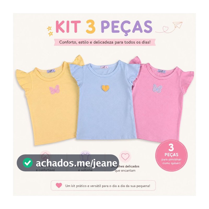 blusa manga curta infantil menina kit 3 peças colorida com aplique