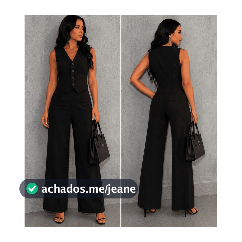 Conjunto Feminino Alfaiataria Blusa Colete e Calça Pantalona Social Elegante com Botão Moda Evangélica Outono Inverno