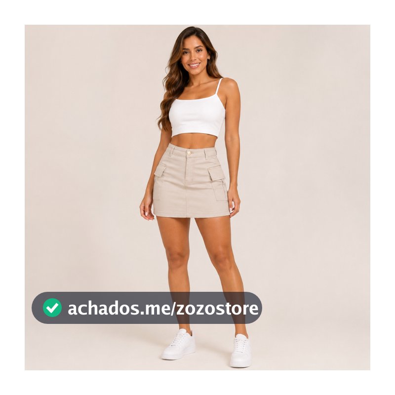 Saia Cargo Bege Jeans Feminino Cintura Alta Bolso Lateral Com Lycra  Moda Verão 2026 Stillger