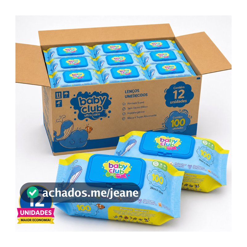 Kit 1200 Lenço Umedecido Baby Club Com Aloe Vera Caixa Com 12 Pacotes de 100 Toalhas Pack Econômico