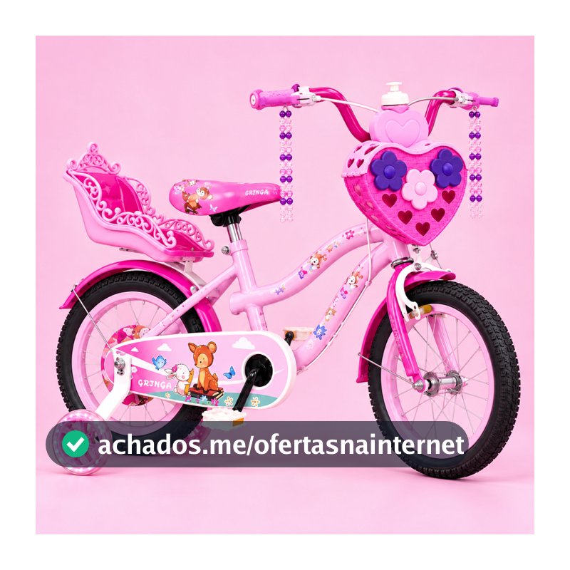Bicicleta Infantil Menina Aro 14 rosa shock Lovers 1 LED + Baú Traseiro + Cestinha Coração + Garrafinha + Pneu