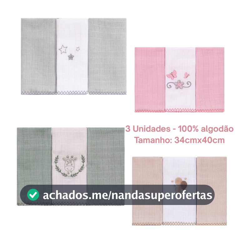 Kit 3 unidades Pano de Boca Bebe 100% Algodão 34cmx40cm Com Picueta