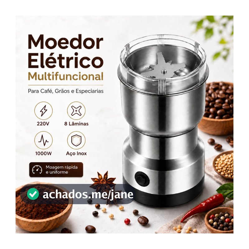 Moedor De Café Elétrico 220V 8 Lâminas Aço Inox Multifuncional para Grãos Temperos e Especiarias