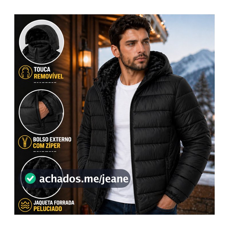 Jaqueta Puffer Bobojaco Masculina Forrada Peluciada Capuz Removível Corta Vento Blusa Inverno Frio Confortável Estilosa