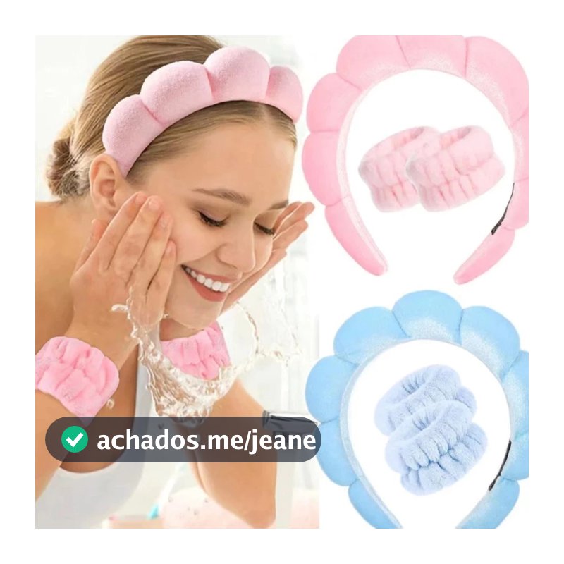 Kit Acessórios de Skincare Spa Feminino - Tiara Nuvem, Faixa de Pulso, Presilha de Flor