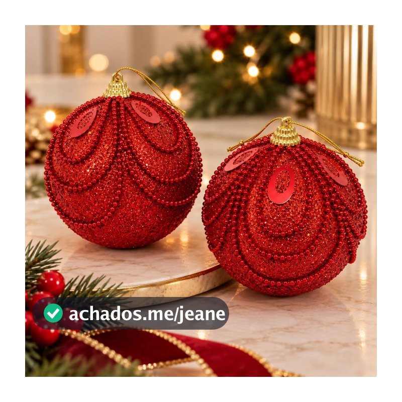 Kit 2 Bolas de Natal Luxo Vermelhas com Miçangas e Glitter 10cm 27167– Vencedor