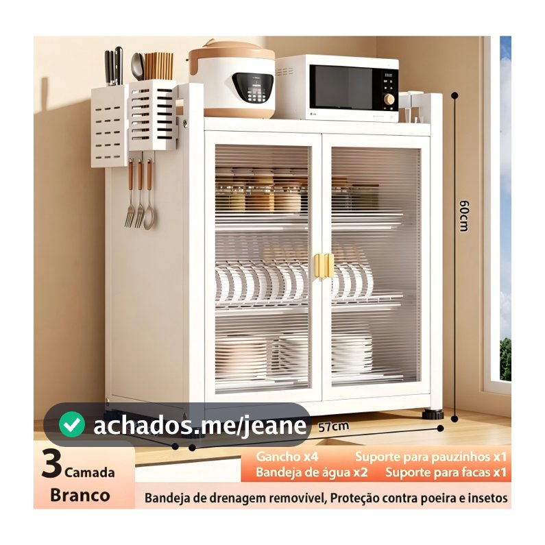 Armario Escorredor de Bancada 3Andares de Loucas Pratos Talheres Organizador de Cozinha com 2 Portas