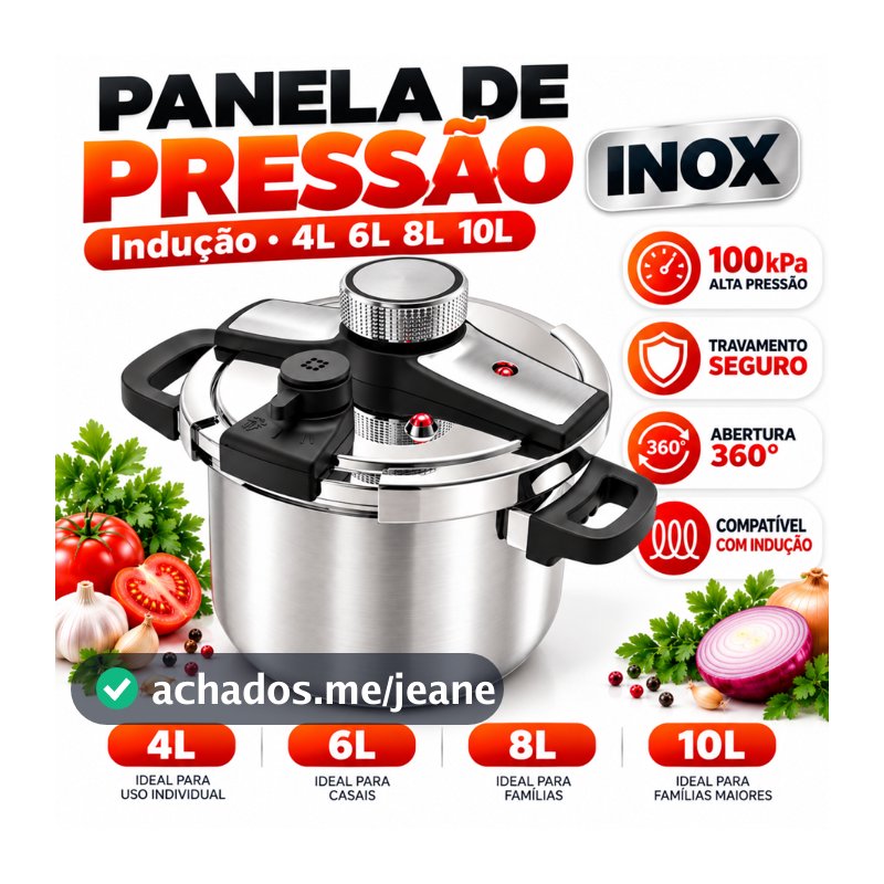 Panela de Pressão Inox 4L 6L 8L 10L Indução 100kPa Abertura 360° Travamento Seguro Cozimento Rápido