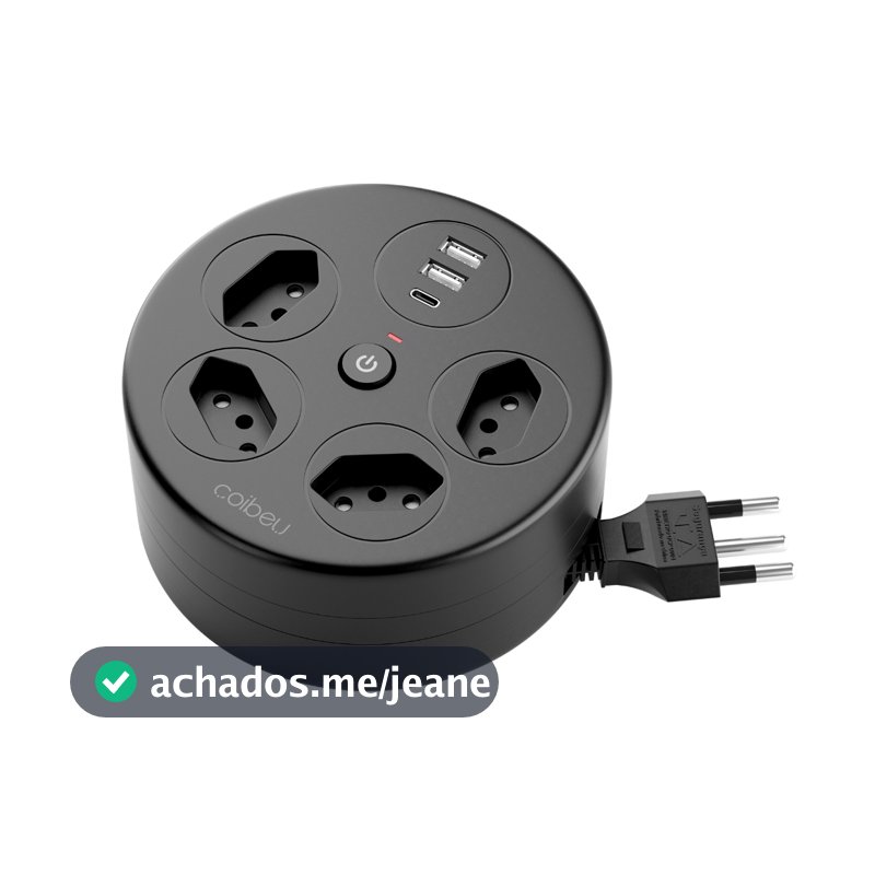 Extensão Elétrica Retrátil Circular 4 Tomadas + USB‑A USB‑C 2200W Proteção contra Sobrecarga