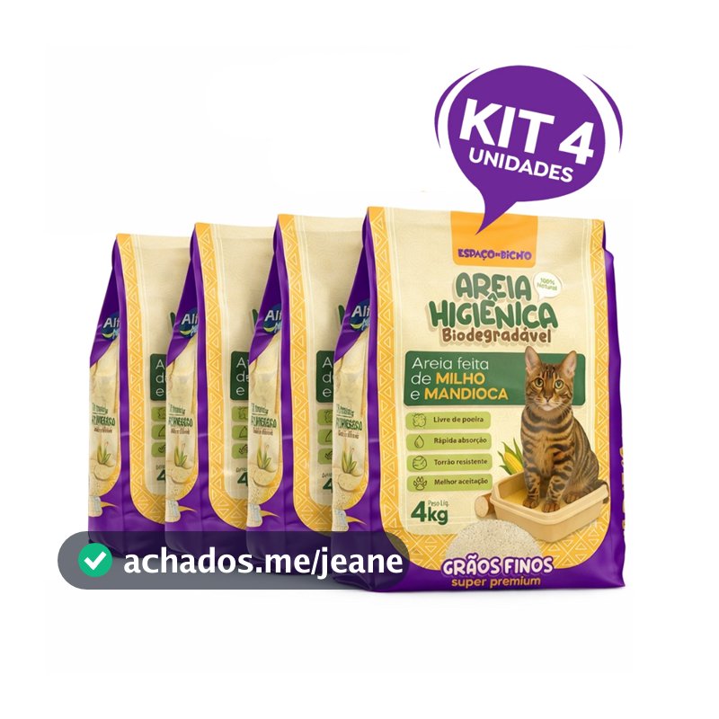 Kit 4 Areia Higiênica Biodegradável Grãos Finos Milho e Mandioca (100% Natural) - Espaço De Bicho