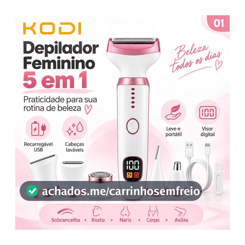Depilador Feminino Elétrico 5 em 1 Corpo Rosto Aparador Pelos Sobrancelha Nariz Axila USB Portátil