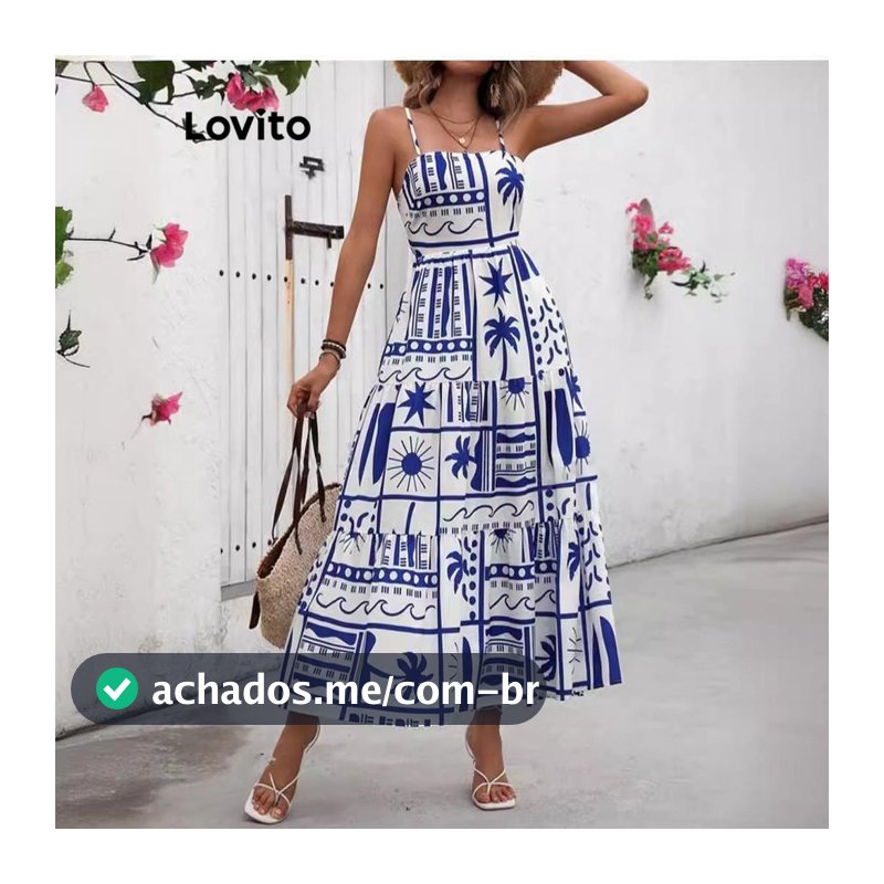 Lovito Azul Férias Vestido geométrico para mulheres LNL100413