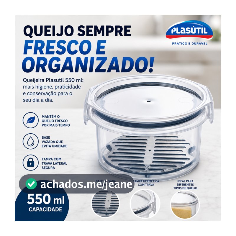 Pote Redondo - Queijeira Plasútil 550ml com Tampa Hermética e Base Drenante | Pote Porta Frios e Mortadela