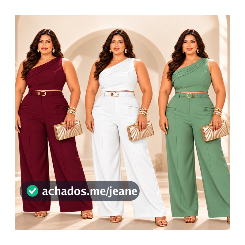 Conjunto Feminino Plus Size Alfaiataria Blusa Um Ombro Só e Calça Pantalona Elegante Festa Luxo