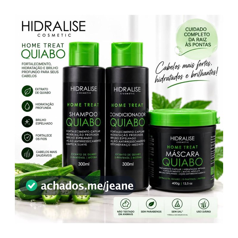 Kit Capilar Quiabo Hidralise 3 Itens Shampoo+Condicionador+Máscara Hidratação Profunda Brilho Maciez