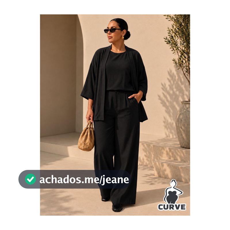 Conjunto Plus Size 3 Peças Calça Pantalona Blusa Regata e Kimono Tecido Duna Social Elegante