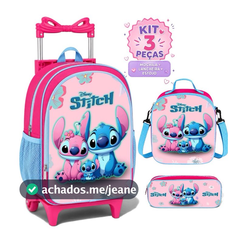 Kit Escolar Rodinha Mochila Stitch Mochila Forro Interno Lancheira Térmica + Estojo - Resistente