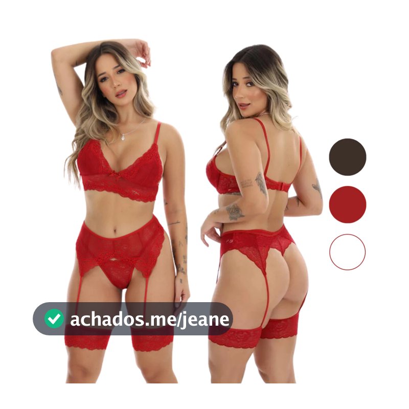 Conjunto Sexy de Renda Calcinha e Sutiã + Cinta Liga Lingerie Sensual Sem Bojo de Luxo