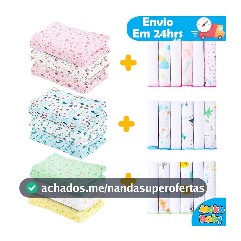 Kit 9 Peças Enxoval bebê - 3 Cueiros Grandes 100 x 80 Flanelados + 6 Toalhinha de boca 100% Algodão