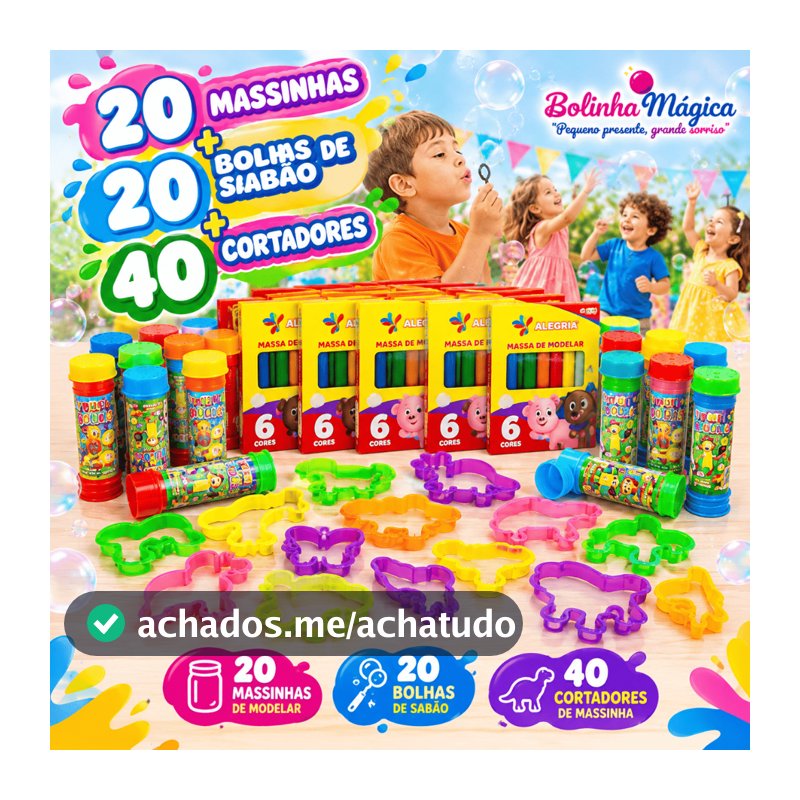 20 Cx Massinha de Modelar + 20 Bolha de Sabao + 40 Cortador Kit Festa Aniversario Prenda Lembracinha
