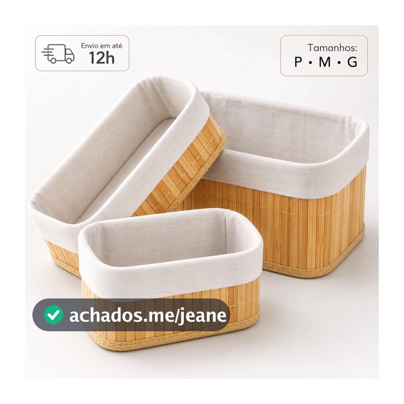 Cesto de Bambu Organizador Forrado Retangular Banheiro Multiuso Roupa Suja Lavanderia