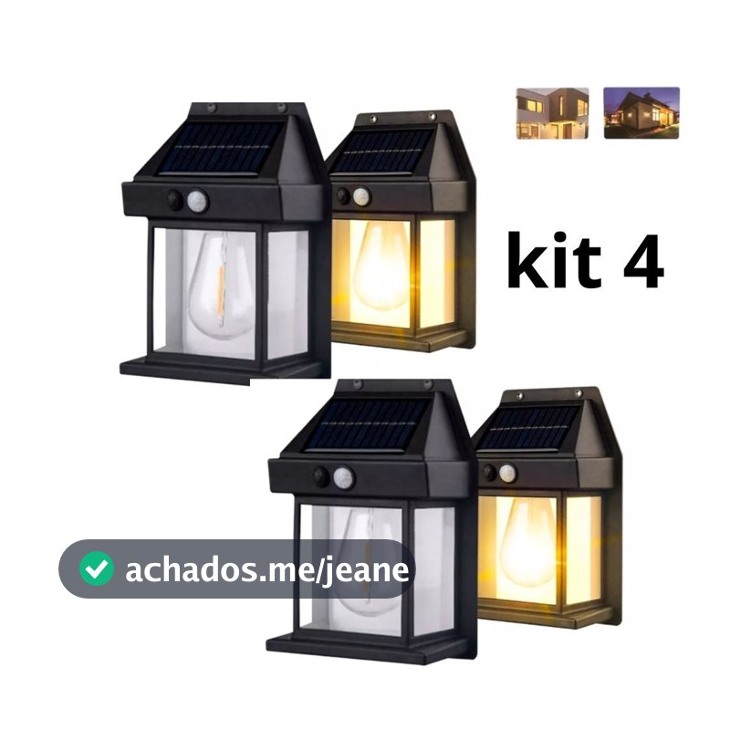 Kit 4 Luminária Arandela Vintage Placa Solar Lâmpada Externa Moderna Decoração Com Sensor