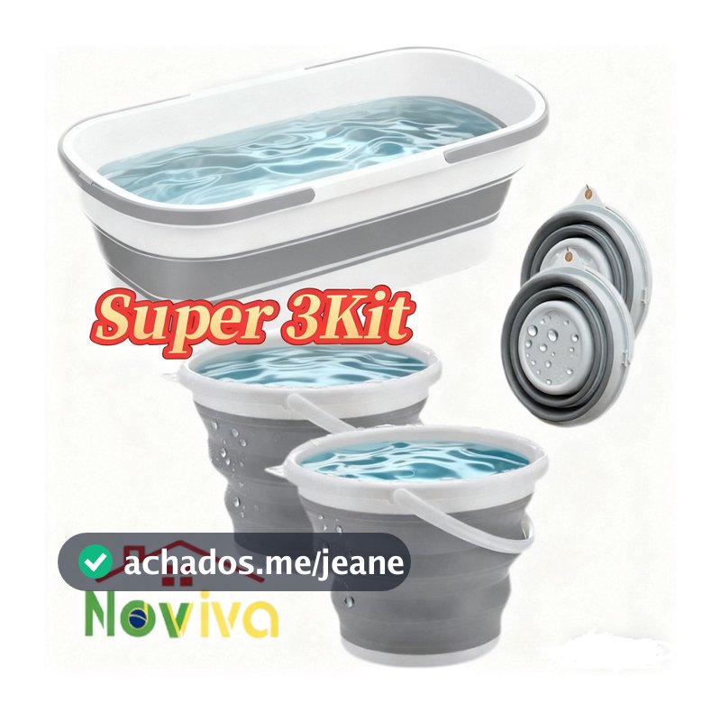 Balde Dobrável Retrátil de Silicone | Opções Retangular, Redondo e Kit 3 Peças para Limpeza e Camping