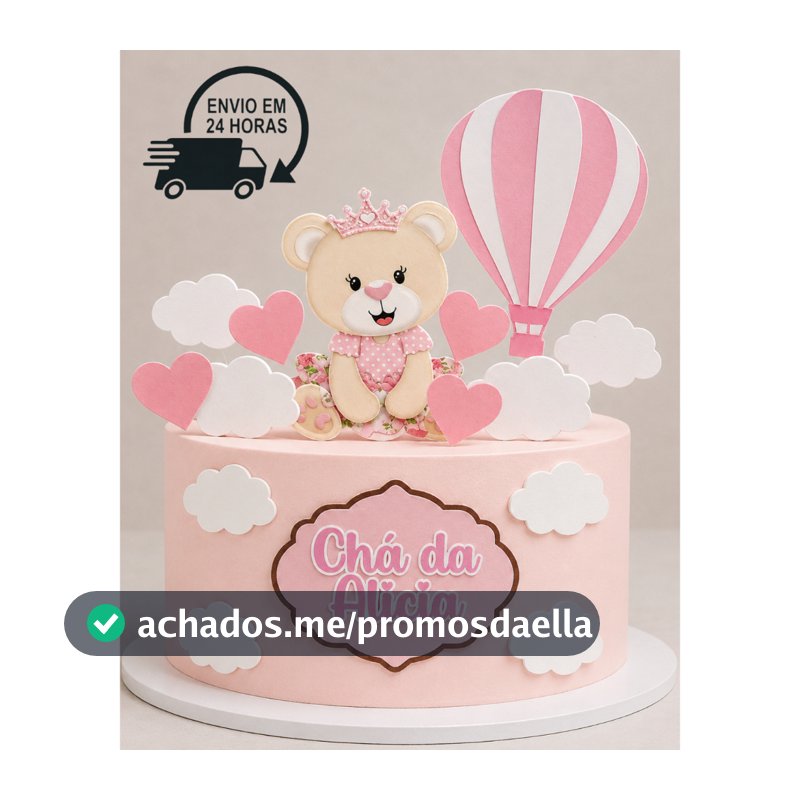 Topo de Bolo Ursinha Rosa Chá de Bebê Personalizado com Nome