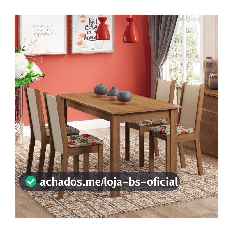 Conjunto Sala de Jantar Madesa Bea Mesa Tampo de Madeira 4 Cadeiras - Rustic/Crema/Floral Hibiscos