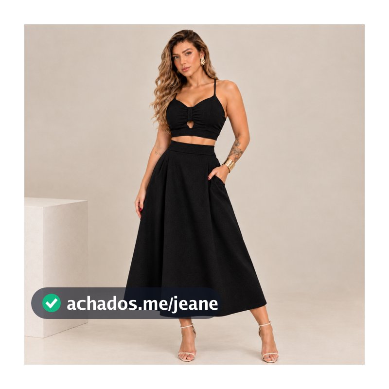 Conjunto Feminino 2 Peças Cropped e Saia Midi Cintura Alta Com Bolso Elegante Casual Premium