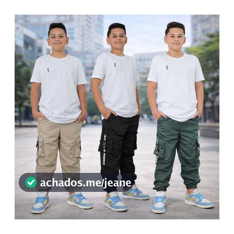 Calça Juvenil Jogger Cargo Infantil Menino Preta Verde Bege Tamanho 4 6 8 10 12 14 Anos 4 Bolsos Street Moda T