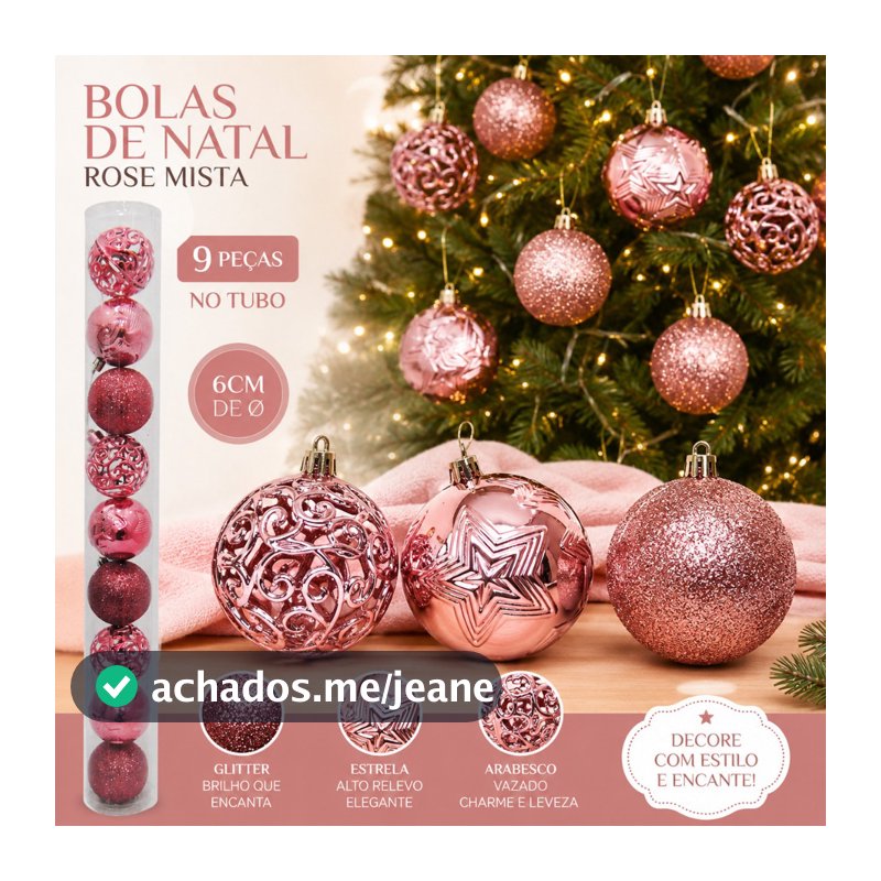 Bola De Natal Rosa Mista 9 Peças 6cm