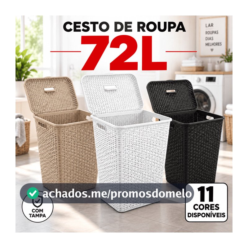 Roupeiro Cesto Roupa Suja 72L Rattan Gigante com Tampa e Alças Lavanderia Banheiro Quarto Família Resistente