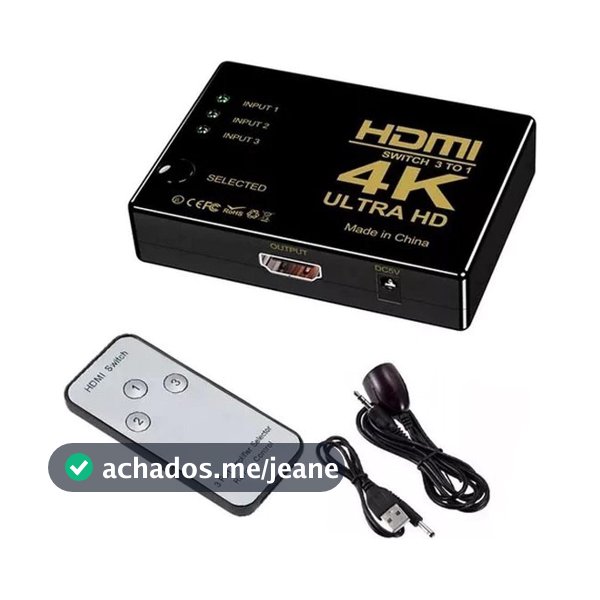 Switch HDMI 3x1 4K Ultra HD com Controle Remoto e Sensor IR TV Monitor Projetor