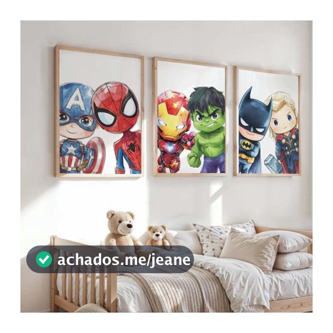 Kit 3 Quadros Decorativos Super-heróis Baby para Sala Quarto