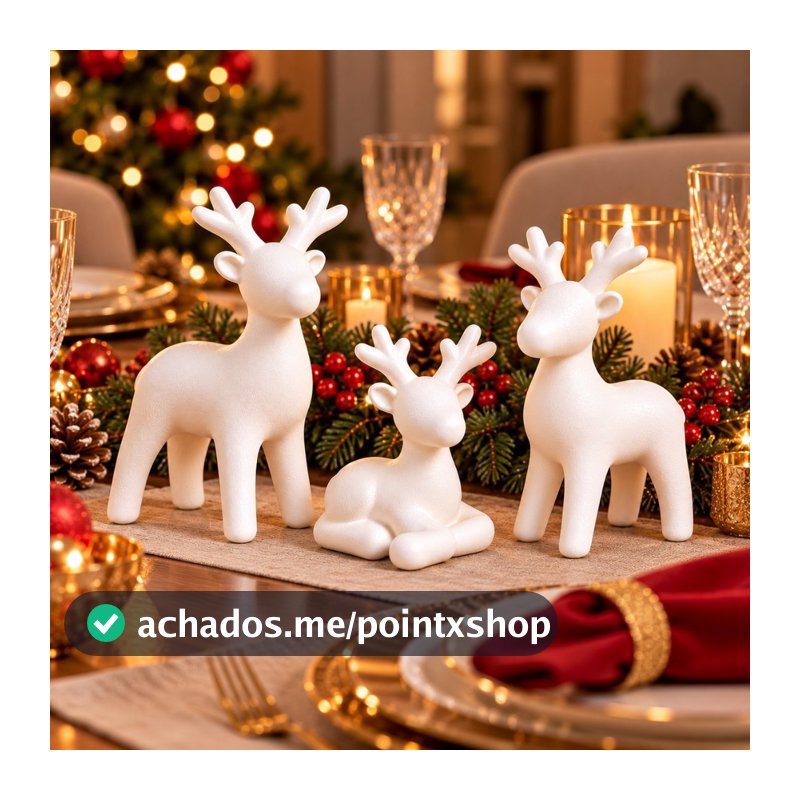 Kit 3 Mini Renas de Natal Brancas e Douradas Enfeite Decorativo de Mesa Sala Quarto Decoração Natalina