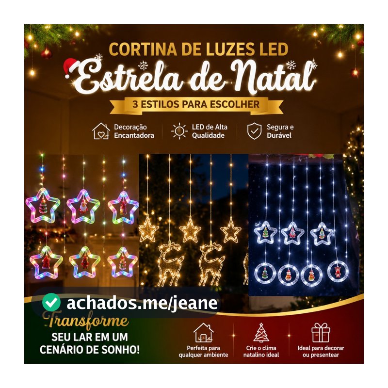 Cortina LED Cascata Pisca Pisca Bivolt 110V/220V RGB Estrela Lua Natal Decoração