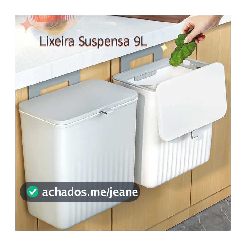 Lixeira Suspensa 9 Litros Com Tampa E Suporte Alto De Adesivos E Alça De Pentura Para Cozinha E Banheiro