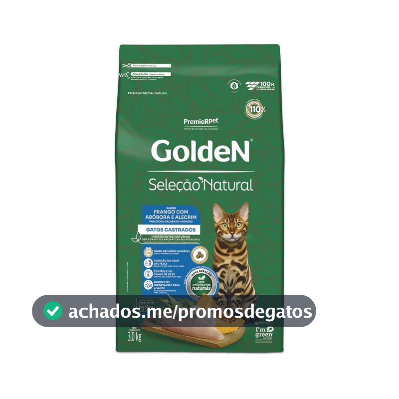Ração Golden  Gatos Adultos Castrados Seleção Natural Abóbora 3Kg
